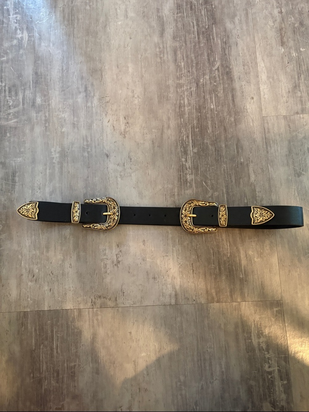 Black Double Buckle Western Leather Belt with Gold Accents